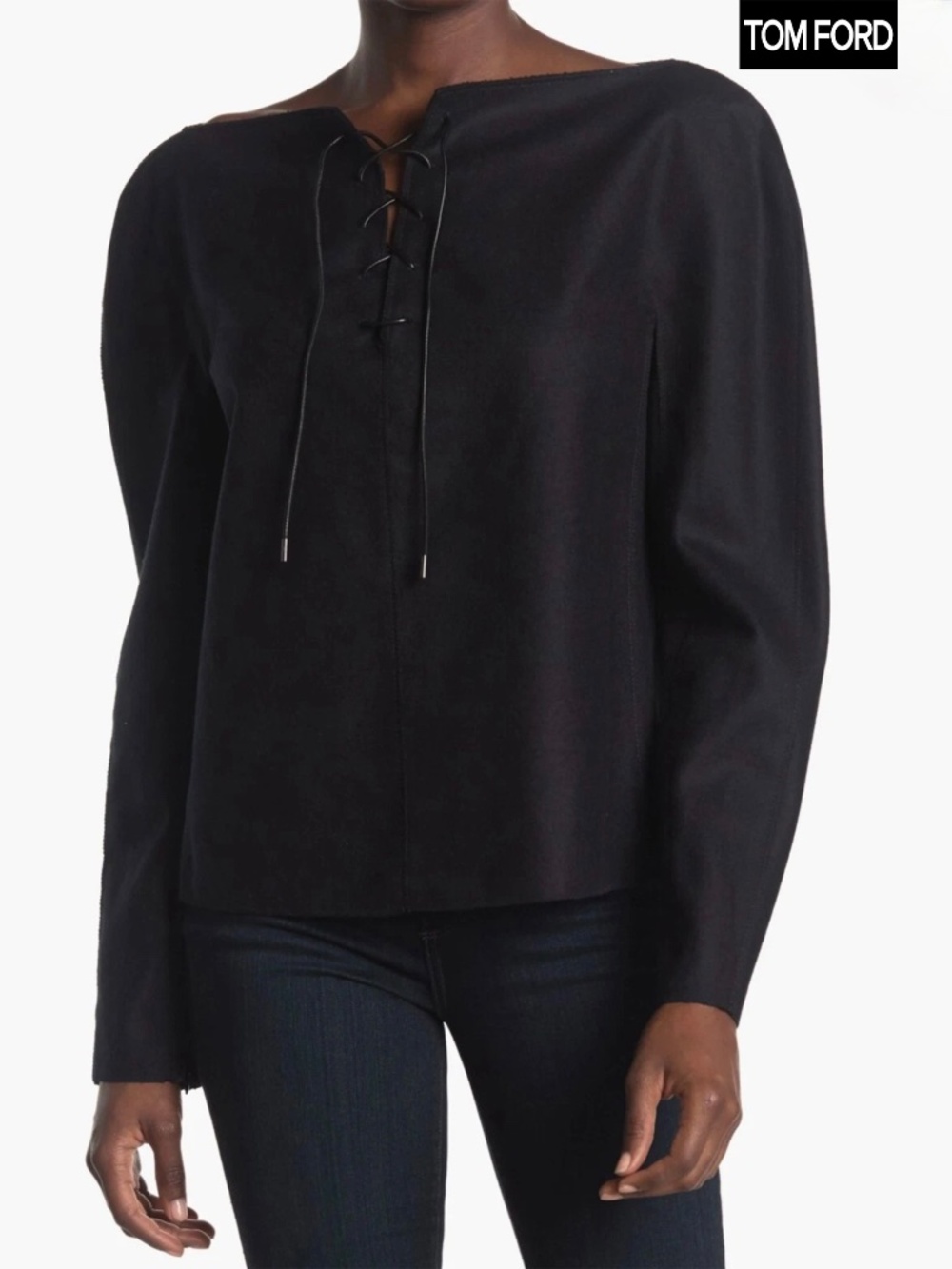 TOM FORD NWT POET FLEECE WOOL LAMB LEATHER TRIM BLACK TOP. SIZE 44 / L